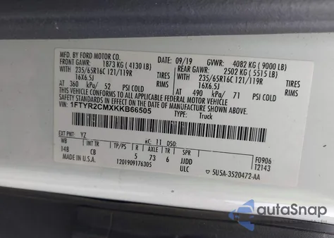 2019 Ford Transit-250 from USA, damaged, VIN 1FTYR2CMXKKB66505